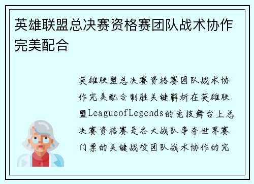 英雄联盟总决赛资格赛团队战术协作完美配合
